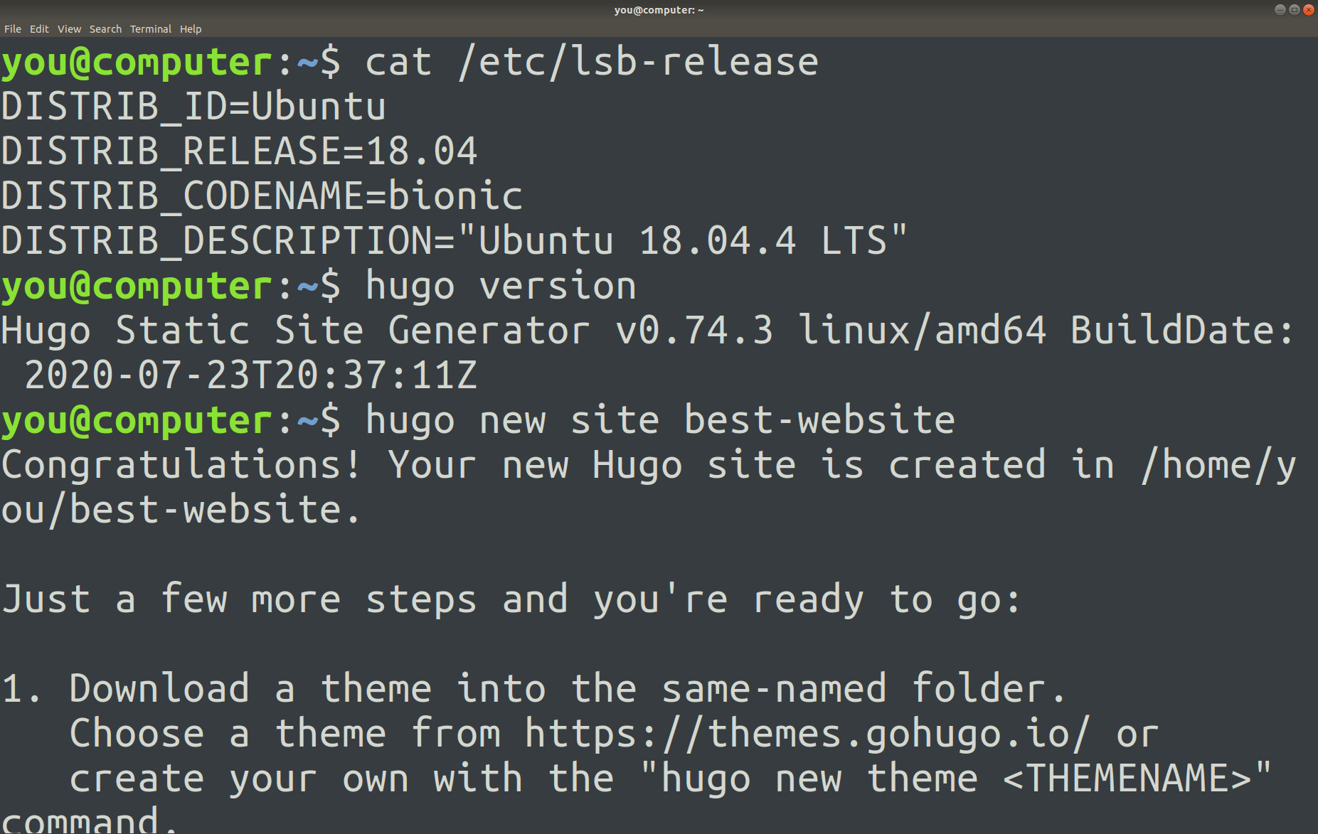 Lookup Operating System Version, Lookup Hugo Version, Create Hugo New Site